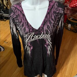 Archaic Women's Black and Purple Winged V-Neck Top